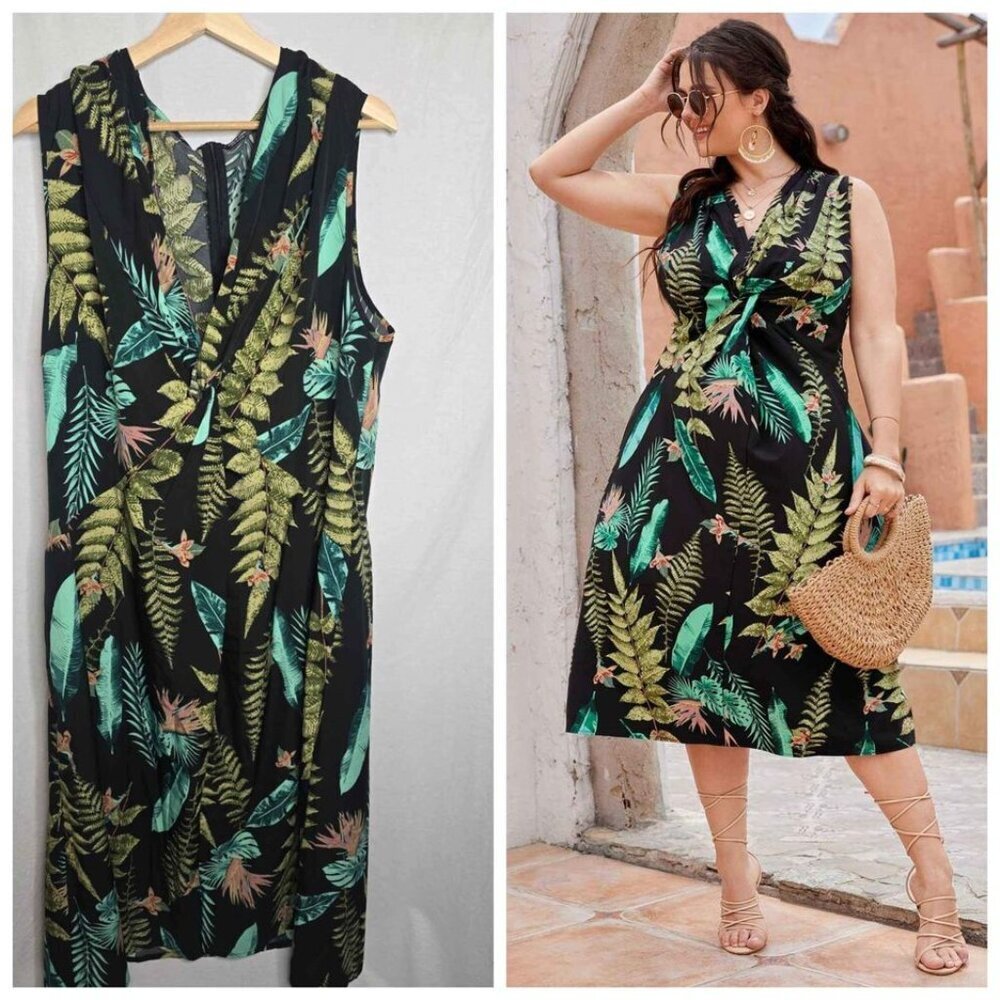 SHEIN curve 4XL Plus Tropical Print Twist Front Dress